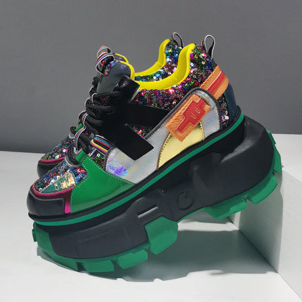 Leather Sequins And Color-blocking Sponge Cake Platform Height-enhancing Shoes Upishoppy