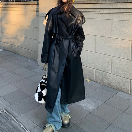 Black Leather Coat Thick Loose Dropshipman