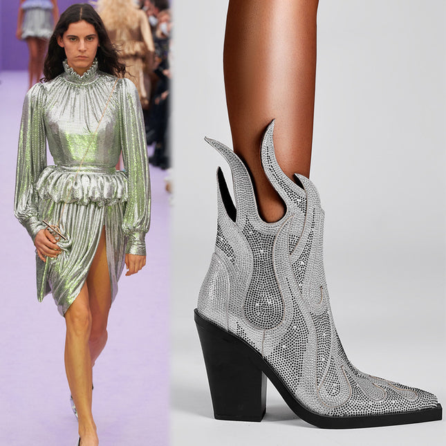 New Sexy Square Toe Heel Rhinestone Boots