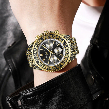 Men's Vintage Engraving Quartz Multi-function Watch Dropshipman