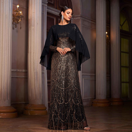 Elegant Long Sleeve Round Neck Shawl Evening Dress