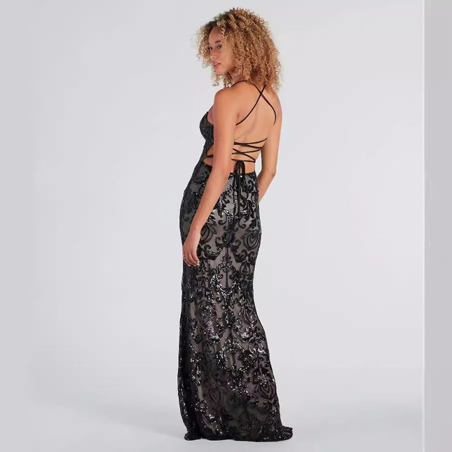 Elegant Sequins Sexy Collar Dress