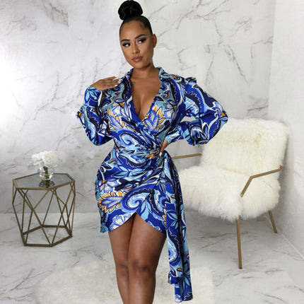 Digital Printed V-neck Women's Slim Fit Dress