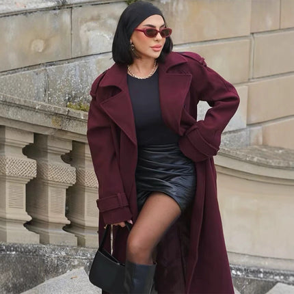 Women's Fashion Lace-up Woolen Trench Coat Dropshipman