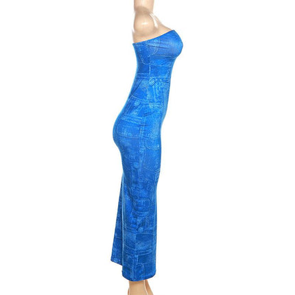Women's Fashion 3D Denim Printing Bandeau Slim-fit Dress Upishoppy