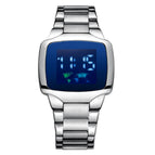 Silver with blue face