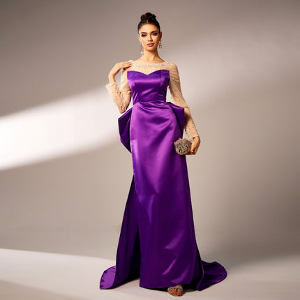 Long Sleeve Round Neck Party Beaded Big Bow Evening Dress Dropshipman