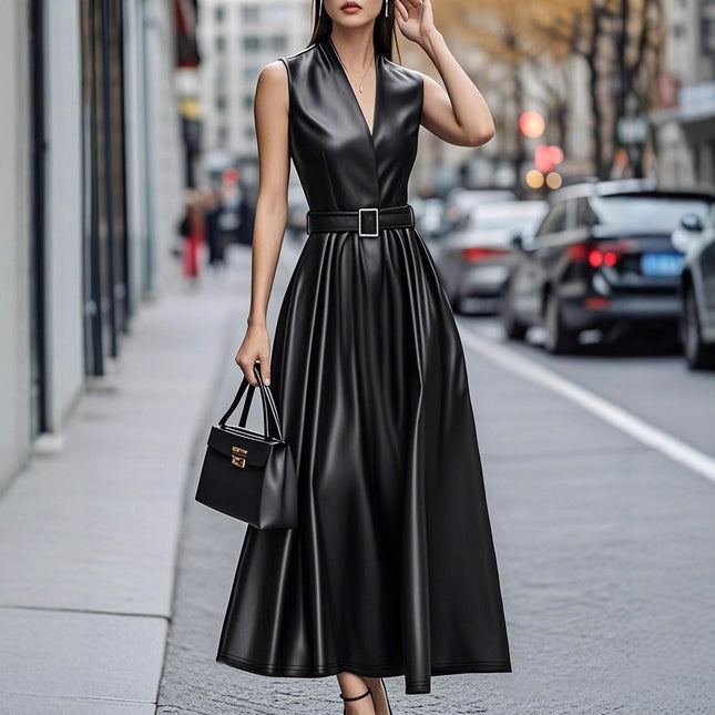 Fashionable Round Neck Sleeveless Belt Long Dress