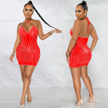 Sling Wrapped Chest Rhinestone Mesh Skirt Dress Dropshipman