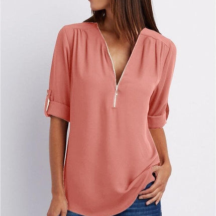 Plus Size Loose  3/4 Sleeve Zipper Blouse - Viva Vista Store