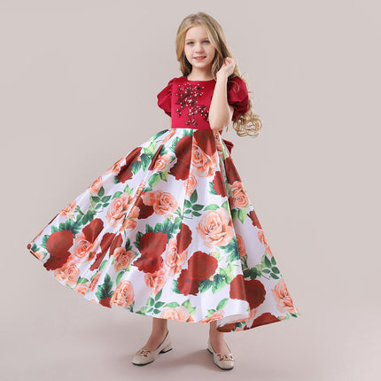 Vestido de princesa estampado de manga abullonada para niña