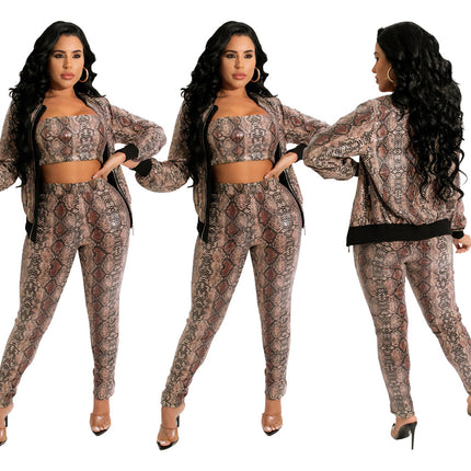 Women's Long-sleeved Trousers Zipper Cardigan Three-piece Set