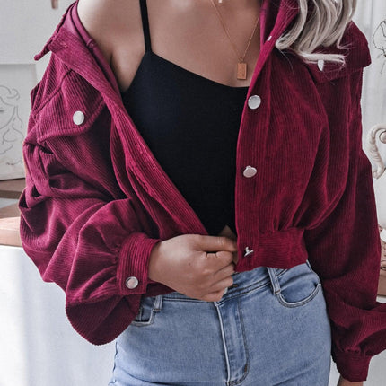 Lantern Sleeve Cropped Corduroy Jacket For Women - Viva Vista Store
