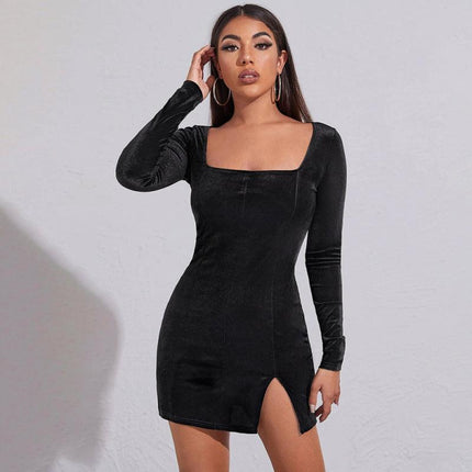 Women’s Square Neckline Long Sleeves Velvet Slit Minidress - Viva Vista Store