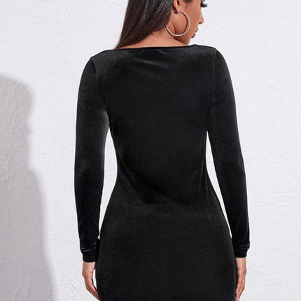 Women’s Square Neckline Long Sleeves Velvet Slit Minidress - Viva Vista Store