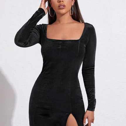 Women’s Square Neckline Long Sleeves Velvet Slit Minidress - Viva Vista Store