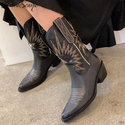 Buono Scarpe Embroider Women Boots Med Heels Retro Knight Boots Female Genuine Leather Botas Mujer Western Cowboy Sale Boots2019 - Viva Vista Store