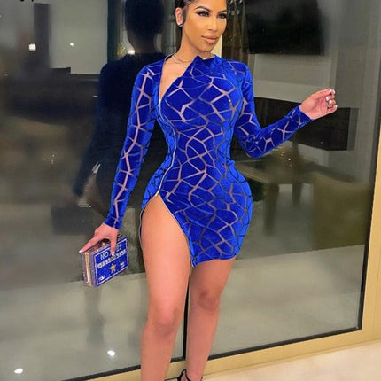 Ingvn Beyprern New Chic Zipped Mini Dress(Royal Blue) Womens Long Sleeve Side Slit Skinny Velvet Short Party Dress Birthday Outfits - Viva Vista Store