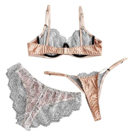 Brown Mesh Underwire Bra Three-Piece Panties Lingerie Set - Viva Vista Store