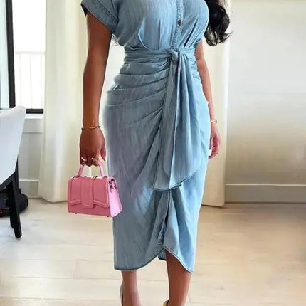 Sleek Gathered Waist Lace-Up Denim Dress - Viva Vista Store