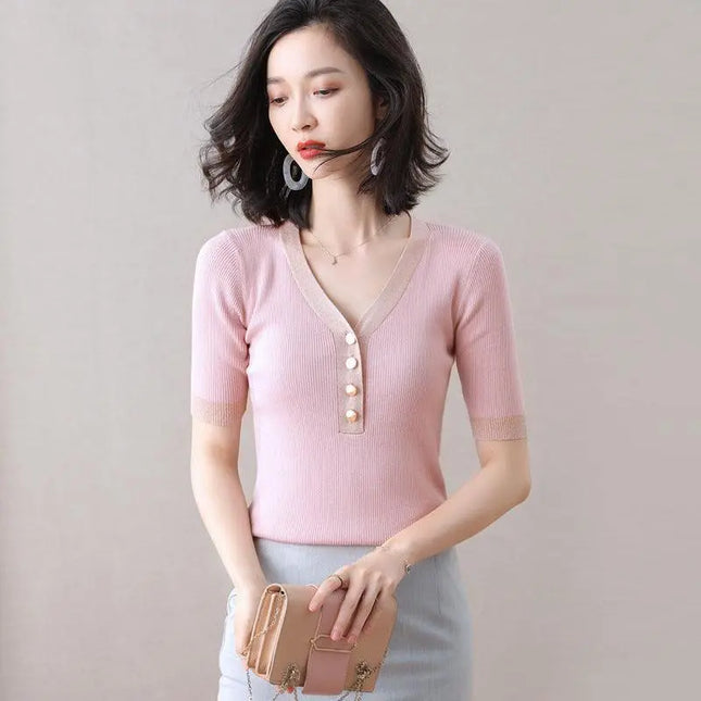 Tianshi short-sleeved knitted female thin section 2021 summer new women's T-shirt repair machine round collar - Viva Vista Store