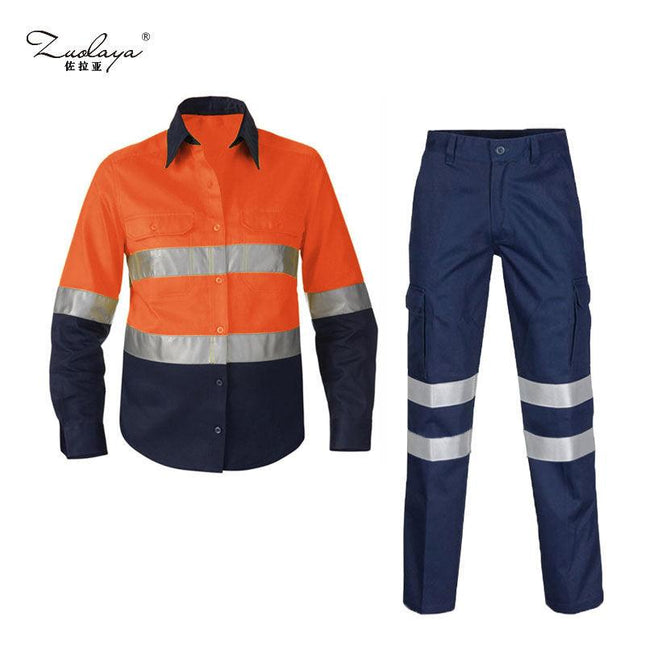 Cotton reflective strip overalls shirt trousers set male construction engineering terminal police show cotton safety clothing - Viva Vista Store