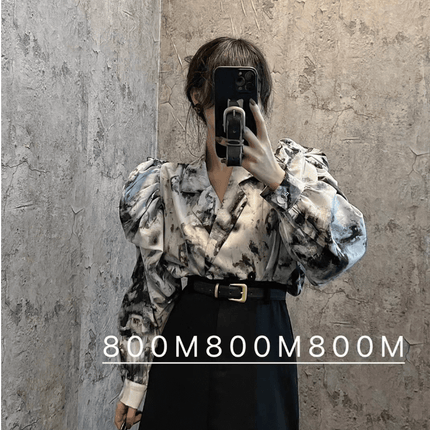 LANFUBEISI  Elegant Print Puffed Sleeve Blouse Top Autumn Womens Turn-Down Collars Half Sleeve Tie Dye Blouses Shirt Outwears - Viva Vista Store