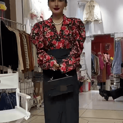 LANFUBEISI  Elegant Print Puffed Sleeve Blouse Top Autumn Womens Turn-Down Collars Half Sleeve Tie Dye Blouses Shirt Outwears - Viva Vista Store