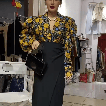 LANFUBEISI  Elegant Print Puffed Sleeve Blouse Top Autumn Womens Turn-Down Collars Half Sleeve Tie Dye Blouses Shirt Outwears - Viva Vista Store