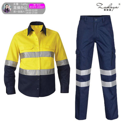 Cotton reflective strip overalls shirt trousers set male construction engineering terminal police show cotton safety clothing - Viva Vista Store