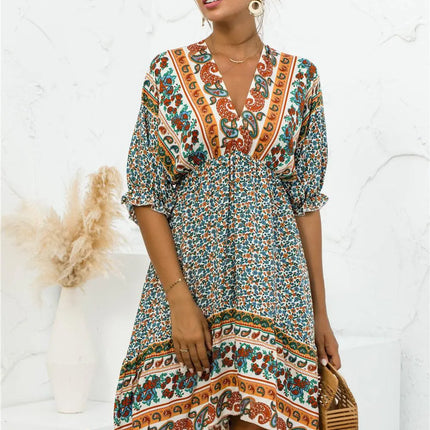 Printed Bohemian V Neck Dress - Viva Vista Store