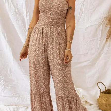 Khaki Floral Thin Straps Smocked Bodice Wide Leg Jumpsuit - Viva Vista Store