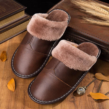 Manufacturers custom autumn and winter non-slip warm home skin slippers new thick couples leather cotton slippers - Viva Vista Store