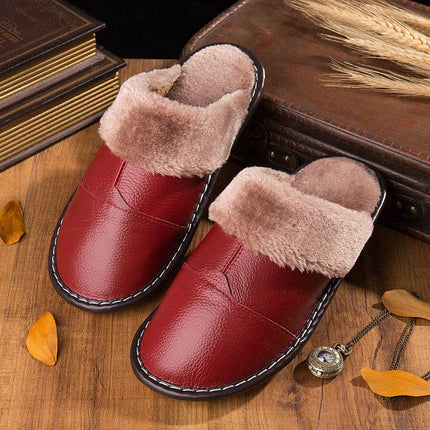Manufacturers custom autumn and winter non-slip warm home skin slippers new thick couples leather cotton slippers - Viva Vista Store
