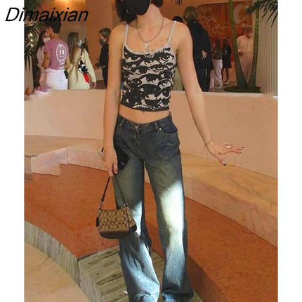 Dimaixian Portrait Print T-shirt Aesthetic Y2K Crop Tops Short Sleevle Vest Tees Harajuku Streetwear White Suspenders Women Clothes - Viva Vista Store