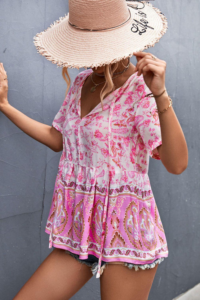 Bohemian Tie Front Peplum Top - Viva Vista Store