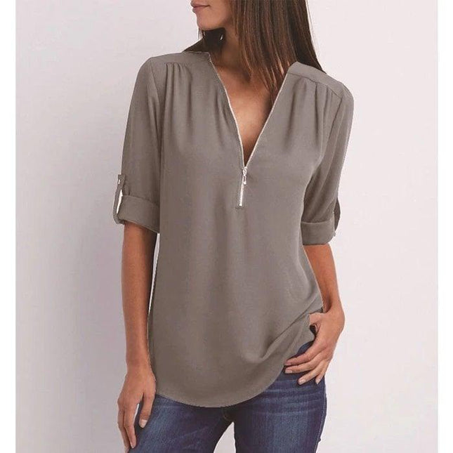 Plus Size Loose  3/4 Sleeve Zipper Blouse - Viva Vista Store