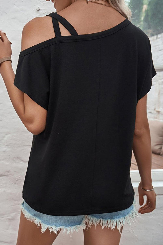 Asymmetric Criss Cross Cold Shoulder T-Shirt - Viva Vista Store