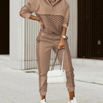 New Fashion Women Plaid Print Zipper Front Hooded Top & Pants Set Two Pieces Suit Flare Pants Outwear - Viva Vista Store