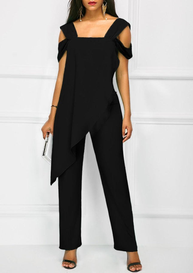 Women Casual Strap Open Back Overlay Jumpsuit Fashion Cold Shoulder Straight Leg Jumpsuit Plus Size Jumpsuits - Viva Vista Store