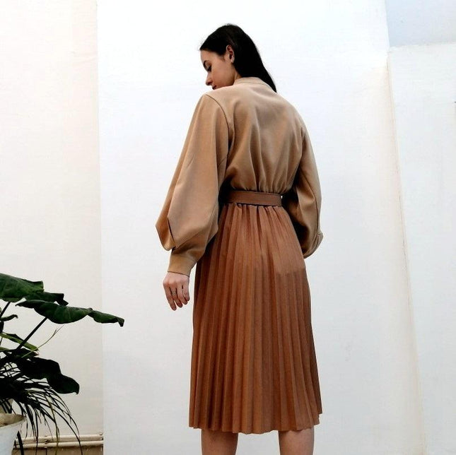 High Waist Women Skirt Casual Vintage Solid Belted Pleated Midi Skirts Lady 19 Colors Fashion Simple Saia Mujer Faldas - Viva Vista Store