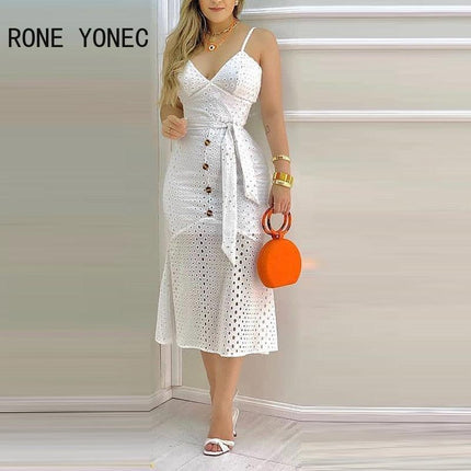 Hnewly Women Hollow-out  Button Design Spaghetti Strap Lace Dress With Belt & Lining Casual Maxi Dress Vacation Dress - Viva Vista Store