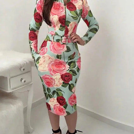 Musinge  Fashion Women Dress Floral O Neck Long Sleeve High Waist Zipper Dress Sexy Ladies  Party Clubwear Femme Clothes Autumn - Viva Vista Store