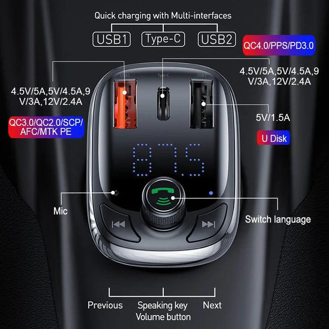 Baseus FM Transmitter Bluetooth 5.0 Handsfree Car Kit Audio MP3 Player With PPS QC3.0 QC4.0 5A Fast Charger Auto FM Modulator - Viva Vista Store