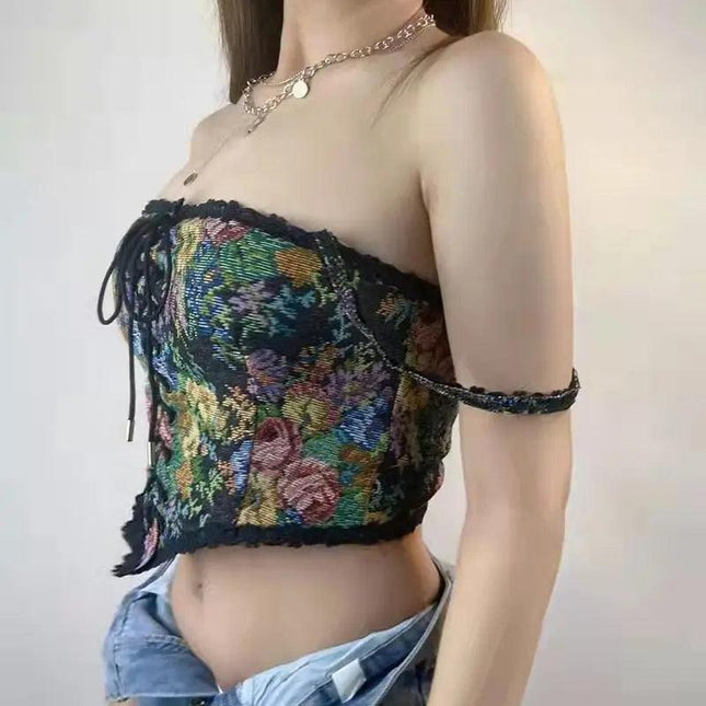 Vintage Black Floral Corset Top - Viva Vista Store