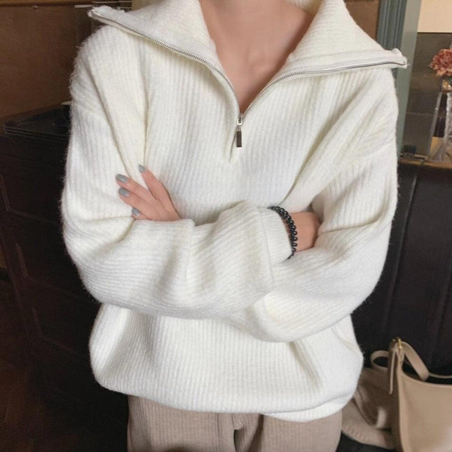 Zip Up Knitted Long Sleeve Sweater - Viva Vista Store