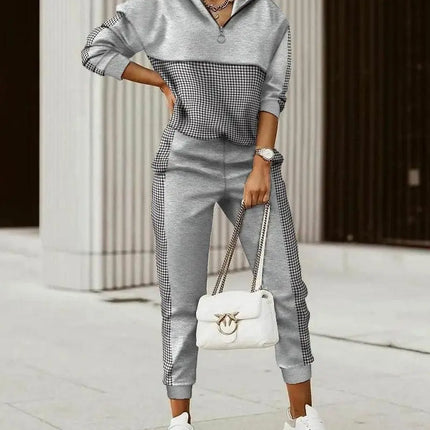 New Fashion Women Plaid Print Zipper Front Hooded Top & Pants Set Two Pieces Suit Flare Pants Outwear - Viva Vista Store