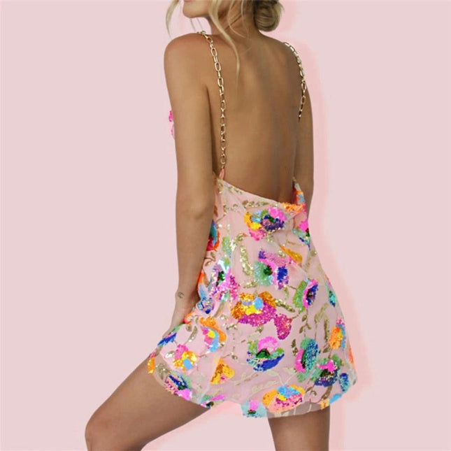 Backless Embellished Chain Strap Dress - Viva Vista Store