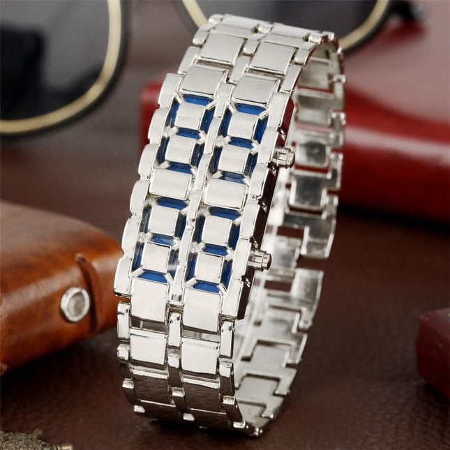 Qfdian gifts for men Fashion Black Full Metal Digital Lava Wrist Watch Men Red/Blue LED Display Men&#39;s Watches Gifts for Male Boy Sport Creative Clock - Viva Vista Store