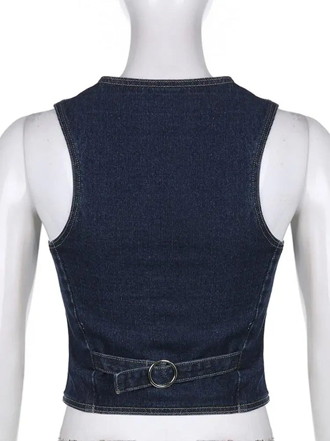 Sweetown Y2K Denim Crop Jacket Racerback Vest Grunge Waistcoat Pockets Streetwear Women Sleeveless Button Vintage Corsetier Tops - Viva Vista Store